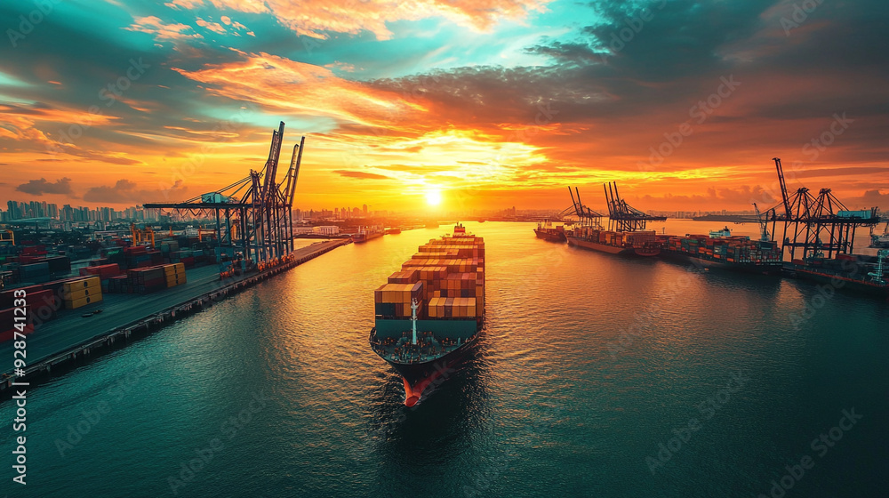 Fototapeta premium Large cargo container ship arriving in port