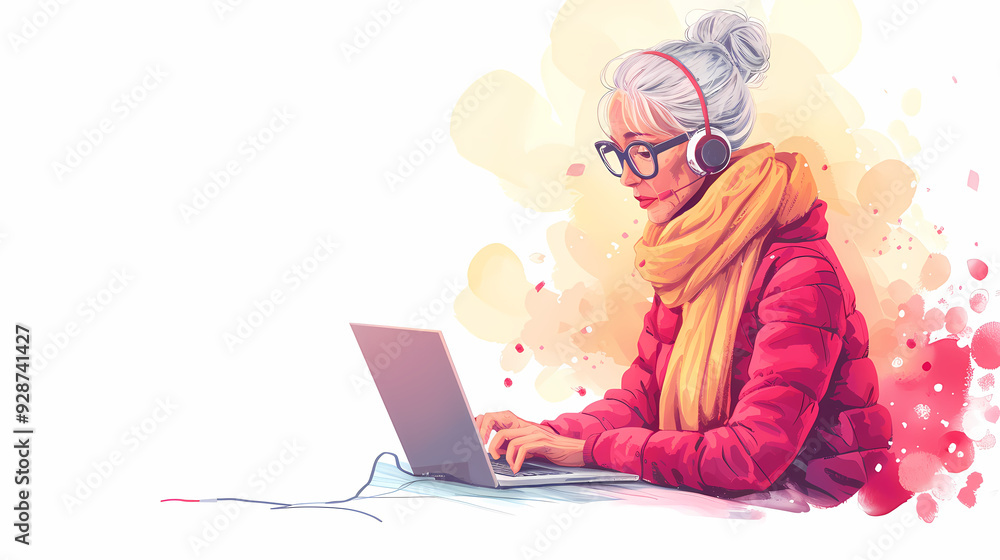 female teenager working with laptop, shopping online, making call. Importance of digital literacy for elderly people vector image female teenager working with laptop, shopping online, making call. Importance of digital literacy for elderly people vector image