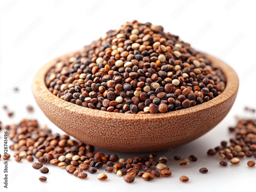 A close-up of colorful quinoa seeds in a wooden bowl, showcasing their diverse textures and natural beauty for culinary uses. A close-up of colorful quinoa seeds in a wooden bowl, showcasing their diverse textures and natural beauty for culinary uses.
