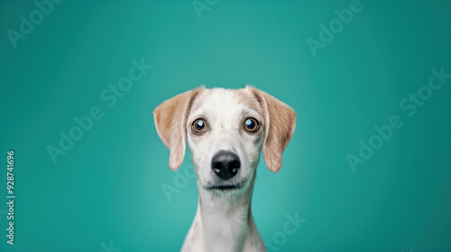 Close-up of an adorable puppy with large, expressive eyes against a teal background. Ideal for pet-themed designs.