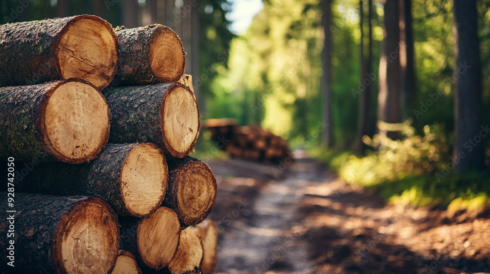 Forest pine and spruce trees. Log trunks pile, the logging timber wood industry. Wide banner or panorama wooden trunks. Forest pine and spruce trees. Log trunks pile, the logging timber wood industry. Wide banner or panorama wooden trunks.