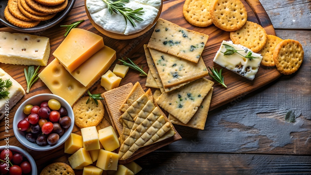 A close-up shot of a delicious spread of assorted cheese and crackers, cheese, crackers, appetizer, snack, gourmet, party A close-up shot of a delicious spread of assorted cheese and crackers, cheese, crackers, appetizer, snack, gourmet, party