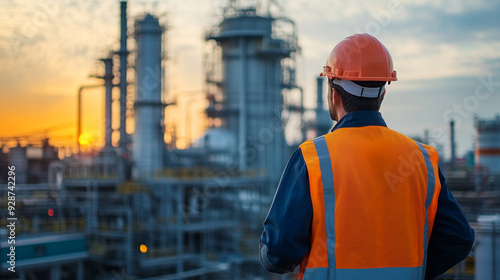 Engineer on a construction site at sunset. Working on the roof.