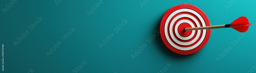 Red dart hitting the center of a red and white target on a turquoise background symbolizing precision, success, and achievement. Red dart hitting the center of a red and white target on a turquoise background symbolizing precision, success, and achievement.