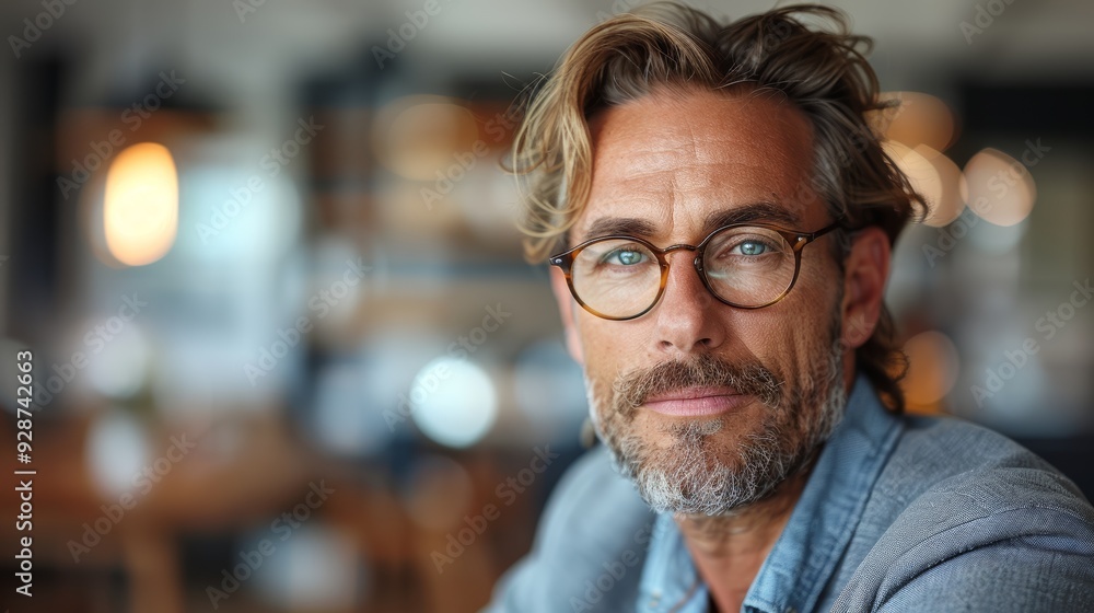 A man in a casual blazer with glasses poses confidently in a cozy cafe setting during the day A man in a casual blazer with glasses poses confidently in a cozy cafe setting during the day
