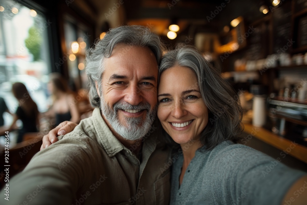 'A cheerful gray-haired couple capturing a selfie in a lively coffee shop setting, showcasing their happiness.' 'A cheerful gray-haired couple capturing a selfie in a lively coffee shop setting, showcasing their happiness.'