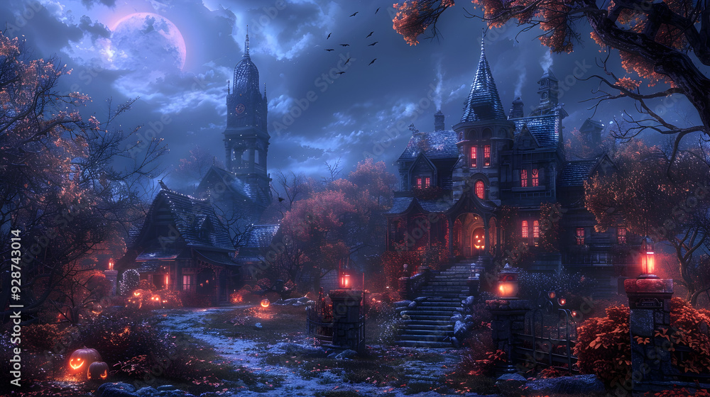 A haunted house with spooky decorations and a ghostly figure standing at the entrance on Halloween night A haunted house with spooky decorations and a ghostly figure standing at the entrance on Halloween night