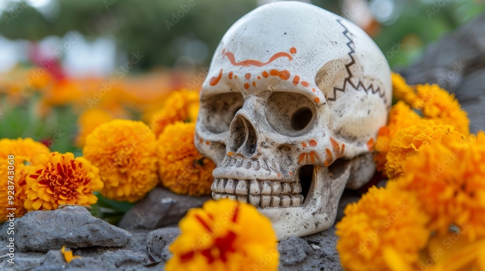 A skull is placed on a bed of orange flowers A skull is placed on a bed of orange flowers