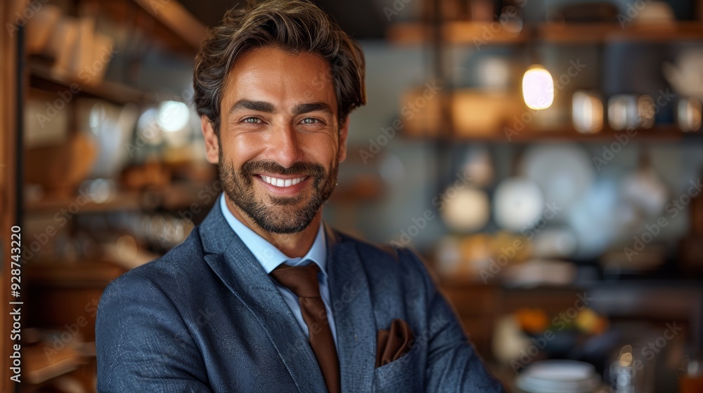Smiling man in a tailored suit poses confidently in a modern café during the golden hour Smiling man in a tailored suit poses confidently in a modern café during the golden hour