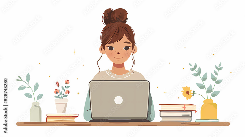female teenager working with laptop, shopping online, making call. Importance of digital literacy for elderly people vector image female teenager working with laptop, shopping online, making call. Importance of digital literacy for elderly people vector image
