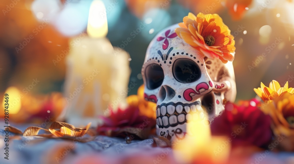 A skull with flowers on it is on a table next to a candle A skull with flowers on it is on a table next to a candle