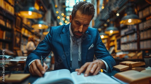 Man in a blue suit studying in a large, cozy library filled with books and warm lighting during the day