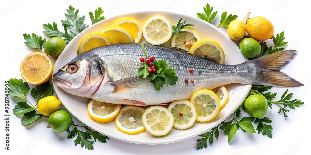 Fresh Whole Fish with Lemon and Parsley on White Plate, Food, Seafood, Recipe, Healthy Fresh Whole Fish with Lemon and Parsley on White Plate, Food, Seafood, Recipe, Healthy
