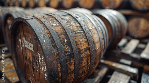 Wallpaper Mural Rustic wooden barrels with weathered surfaces stacked in an old warehouse, used for aging alcoholic beverages such as whiskey and wine, depicting traditional methods of storage and fermentation Torontodigital.ca