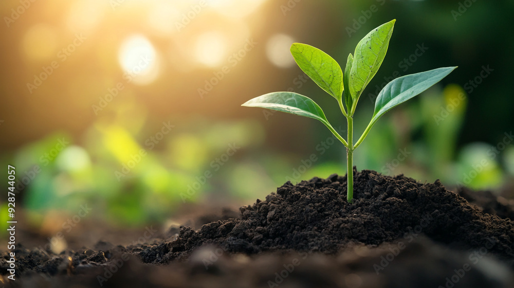 small plant growing in morning light at garden. concept earth day small plant growing in morning light at garden. concept earth day