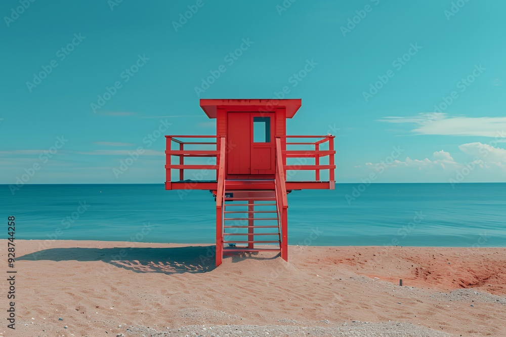 A red lifeguard tower stands tall on a sandy beach, overlooking a calm turquoise ocean under a clear blue sky.