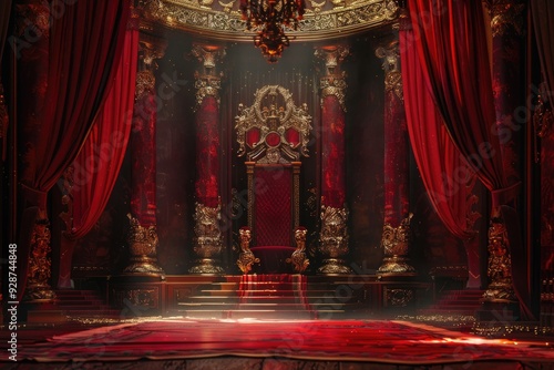 Ornate Golden Throne with Red Velvet Curtains and Carpet