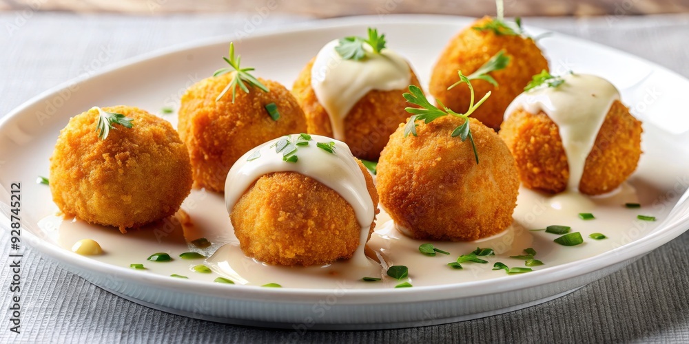 Golden Fried Balls in Creamy Sauce with Parsley Garnish, Food , Appetizer , Dish, Dinner Golden Fried Balls in Creamy Sauce with Parsley Garnish, Food , Appetizer , Dish, Dinner