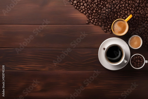 Coffee beans and cups on a wooden table, perfect for a beverage or cafe concept.