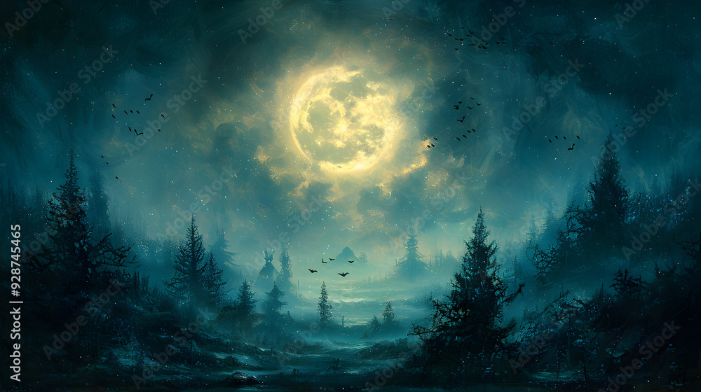 A spooky Halloween scene with witches flying on broomsticks across a full moon, their black cats following closely behind A spooky Halloween scene with witches flying on broomsticks across a full moon, their black cats following closely behind