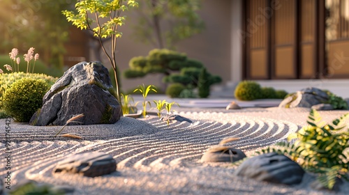 A Japanese rock garden with a large grey rock and raked sand in a zen style garden design.
