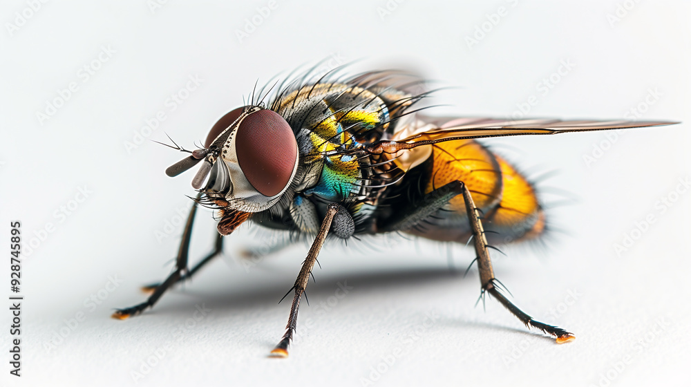 A close-up photo of an isolated fly on a white background A close-up photo of an isolated fly on a white background