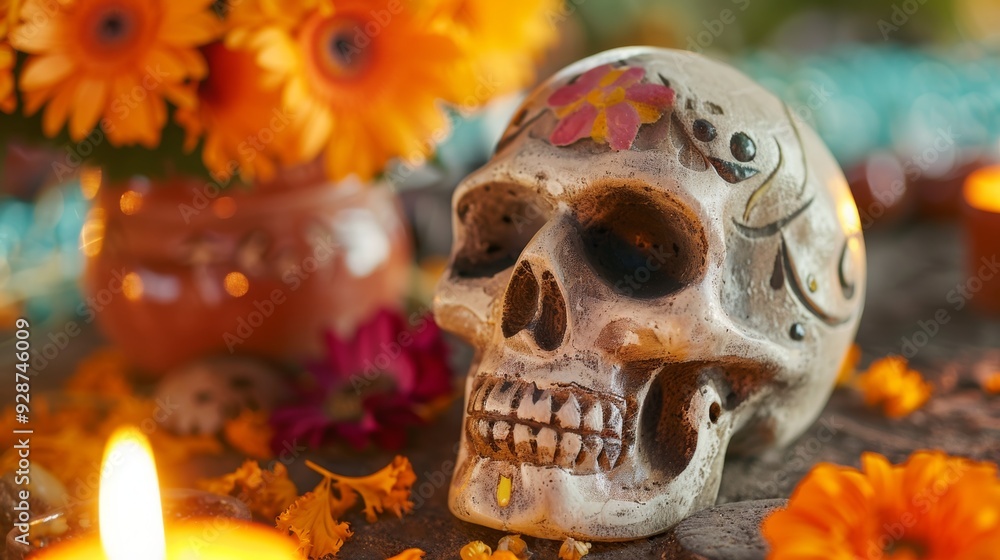 A skull is sitting on a table with a vase of flowers and candles A skull is sitting on a table with a vase of flowers and candles