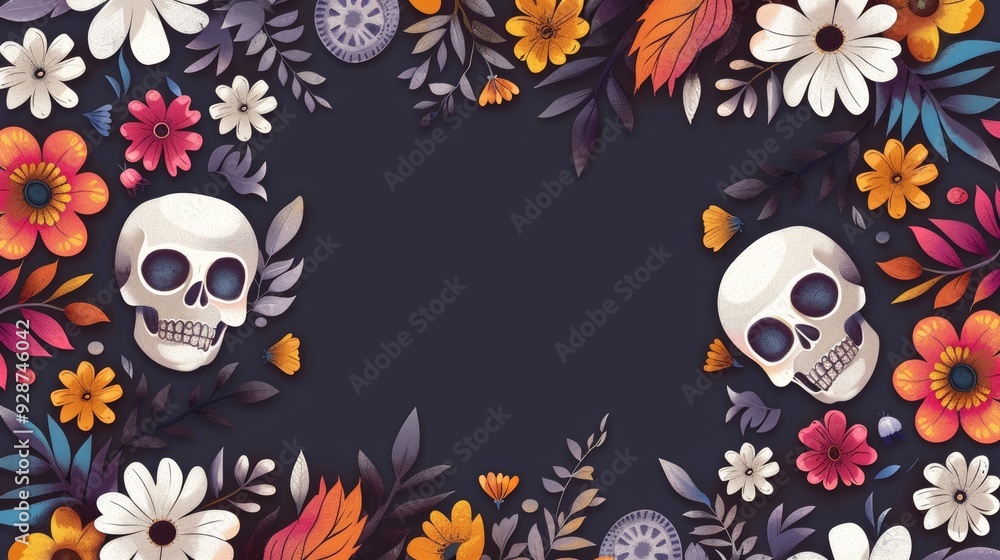 A colorful background with flowers and skulls A colorful background with flowers and skulls