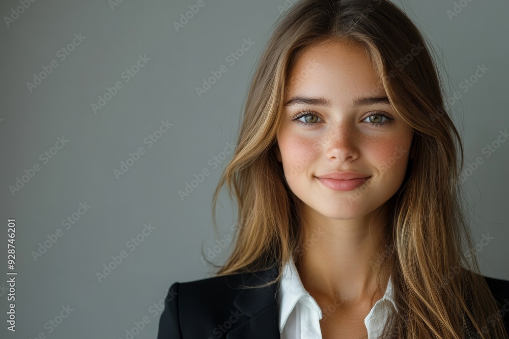 Beautiful young business woman portrait, Smiling cute girl with long hair studio shot, Isolated on gray background, Generative AI Beautiful young business woman portrait, Smiling cute girl with long hair studio shot, Isolated on gray background, Generative AI