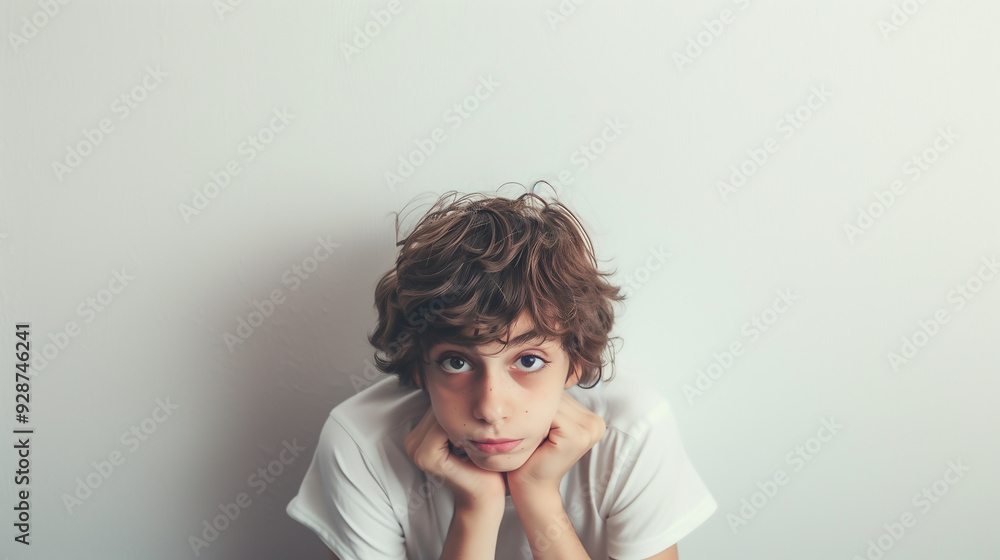 A young boy with brown hair, wearing a white t-shirt, is leaning on his hands and looking at the camera with his head tilted back A young boy with brown hair, wearing a white t-shirt, is leaning on his hands and looking at the camera with his head tilted back