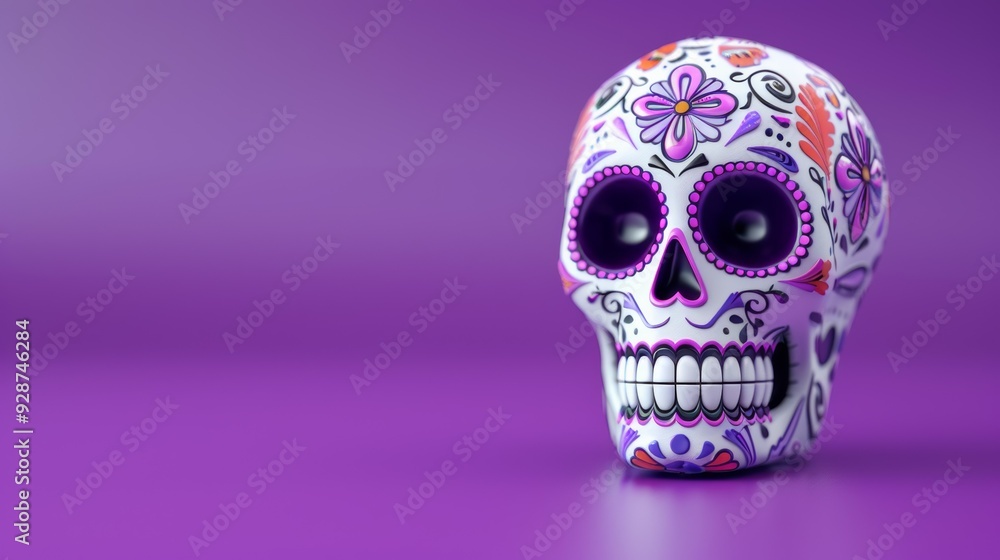 A white and purple skull with flowers on it A white and purple skull with flowers on it