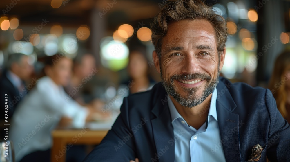 Smiling man in a blue suit sits at a table in a busy restaurant with blurred backgrounds of diners in the afternoon Smiling man in a blue suit sits at a table in a busy restaurant with blurred backgrounds of diners in the afternoon