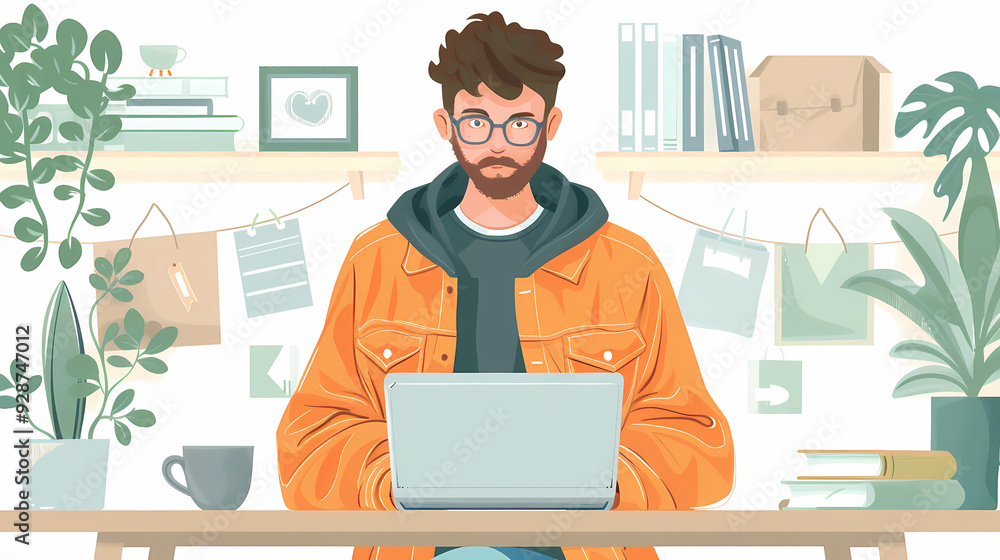 male teenager working with laptop, shopping online, making call. Importance of digital literacy for elderly people vector image male teenager working with laptop, shopping online, making call. Importance of digital literacy for elderly people vector image