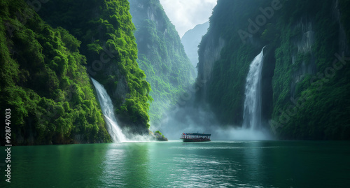 A River in a Verdant Valley with a Tall Waterfall and a Boat Drifting Amidst Thick Mist