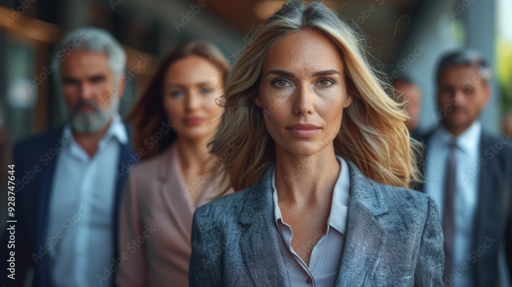 A confident businesswoman leads her team through an urban setting during the day A confident businesswoman leads her team through an urban setting during the day