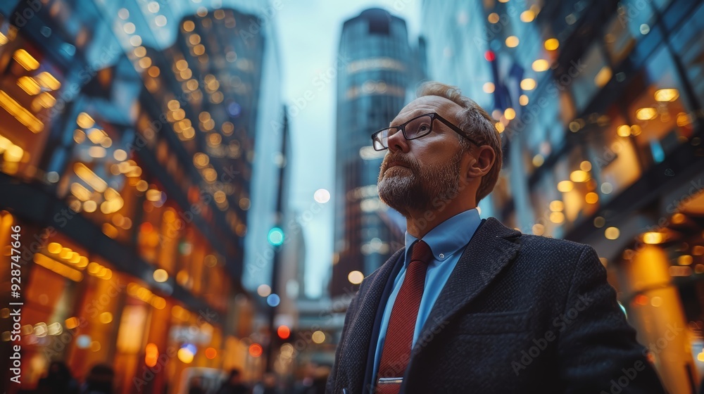 Fototapeta premium Businessman stands confidently in a bustling urban street during twilight, surrounded by illuminated skyscrapers