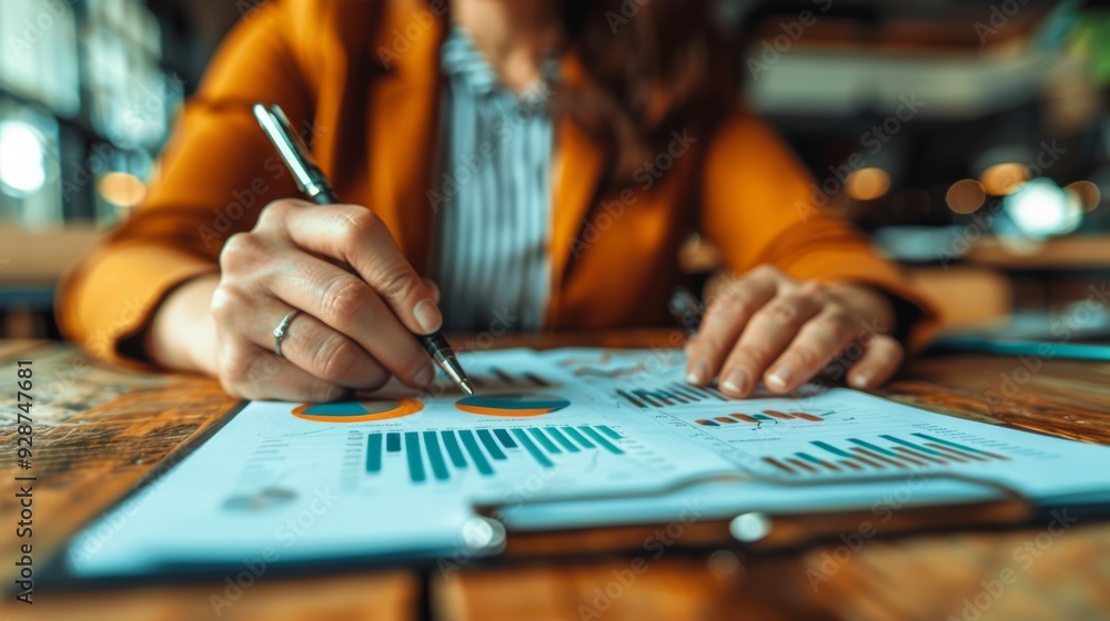 Person analyzing graphs and charts while sitting at a wooden table in a cafe during daylight hours Person analyzing graphs and charts while sitting at a wooden table in a cafe during daylight hours