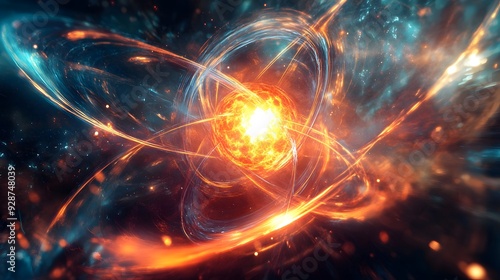 11. An atom with a radiant core and dynamic, swirling electron orbits in a high-energy environment photo