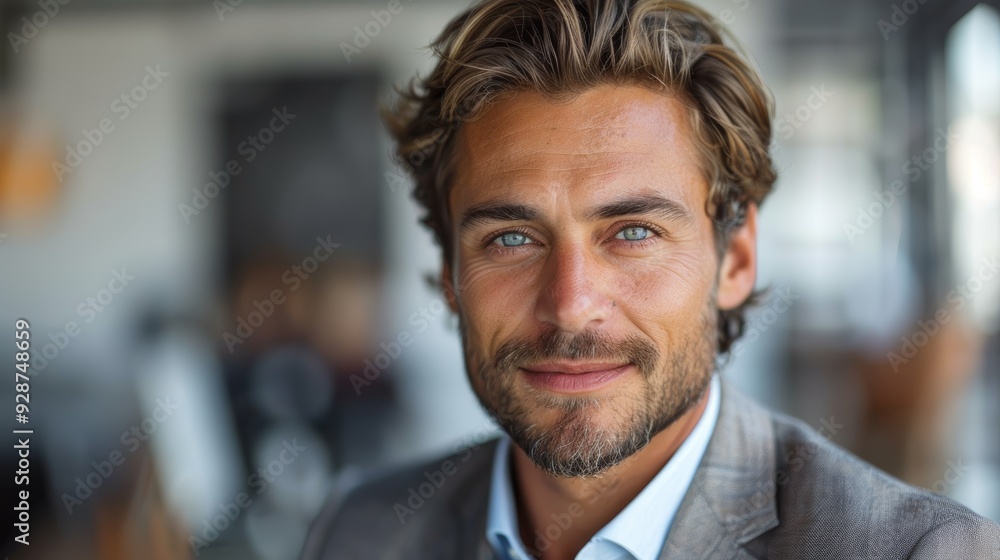 Obraz premium A man with wavy hair and blue eyes smiles confidently at a modern café during daylight hours