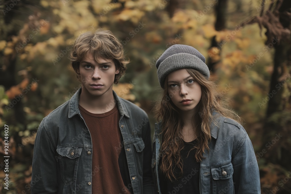 Fototapeta premium Two young individuals pose in a serene autumn forest, capturing the essence of youth amidst nature.