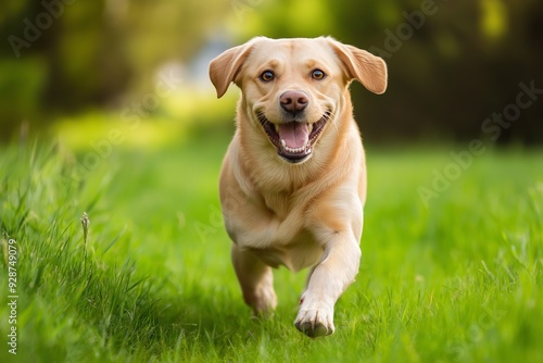 A joyful dog running on a vibrant green grassy field, showcasing its happiness and energy under a clear sky.