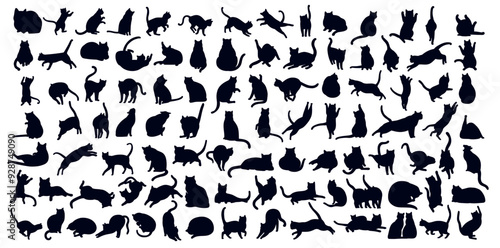 Collection of 100 cat silhouette. Icons with black figures of kittens in different positions. Diverse feline poses. Sitting and jumping pet. Flat vector illustration set isolated on white background