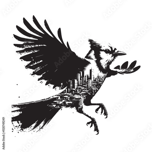 silhouette of Blue Jay filled with destroyed futuristic dystopia environment in rough drawing