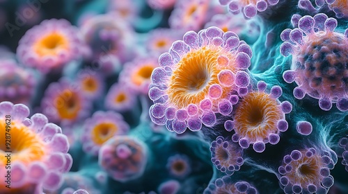 Close-up of monkeypox virus cells under a microscope, vibrant colors highlighting the viral structure photo