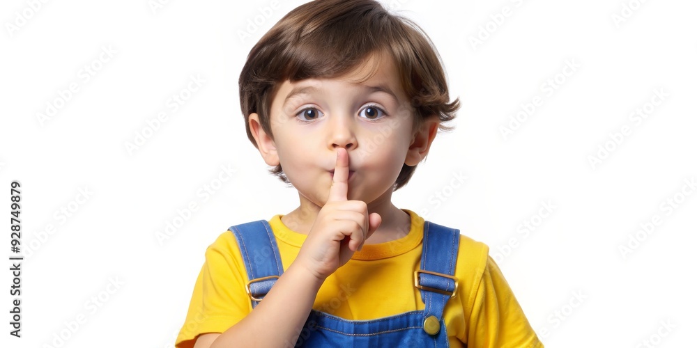 Little Boy Shushing with Finger on Lips, Close-up Portrait, White Background, Yellow Shirt, Blue Overalls, Child, Portrait Little Boy Shushing with Finger on Lips, Close-up Portrait, White Background, Yellow Shirt, Blue Overalls, Child, Portrait