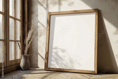 Mockup Vertical Wood Frame Blank Poster Leaning on Wall. Minimalistic Decor.
