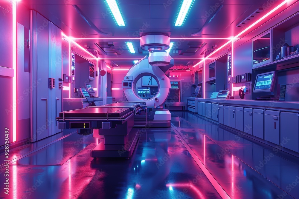 A modern operating room outfitted with advanced medical technology and vibrant pink and blue lighting, creating a futuristic atmosphere for medical procedures and treatments. A modern operating room outfitted with advanced medical technology and vibrant pink and blue lighting, creating a futuristic atmosphere for medical procedures and treatments.