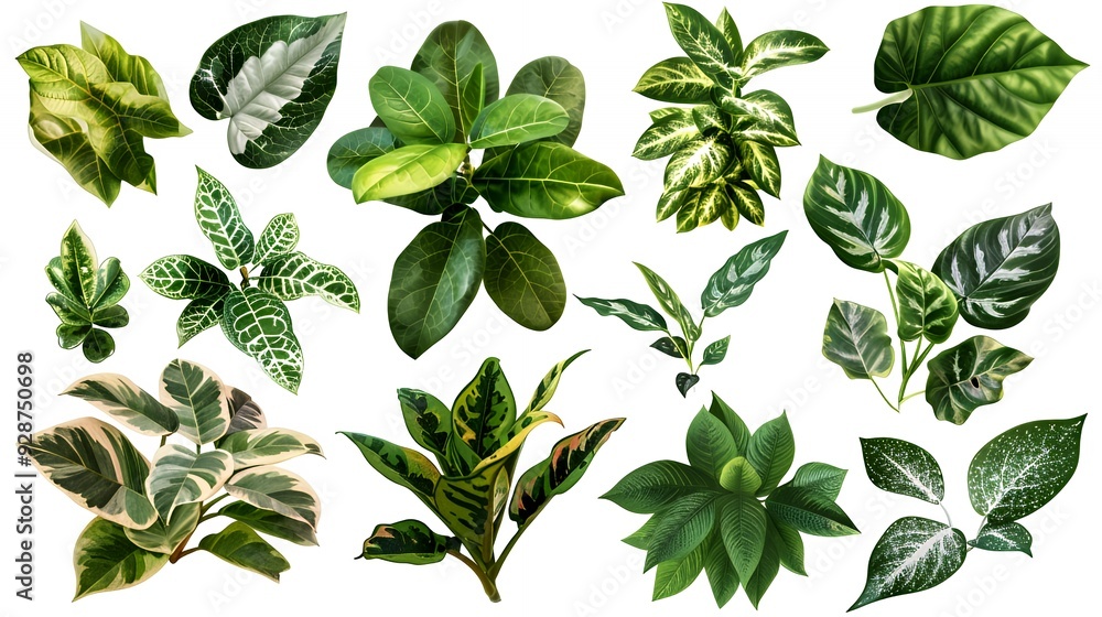 Collection of 15 Tropical Leaves with Varying Shapes, Patterns, and Green Colors Isolated on White Background. Collection of 15 Tropical Leaves with Varying Shapes, Patterns, and Green Colors Isolated on White Background.