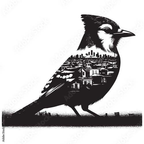 silhouette of Blue Jay filled with ghetto street in rough drawing