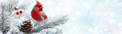 Winter Cardinal on Snowy Branch: A vibrant red cardinal perches gracefully on a snow-laden branch, its bright plumage a stark contrast against the white backdrop. The delicate snow-dusted pine needles photo